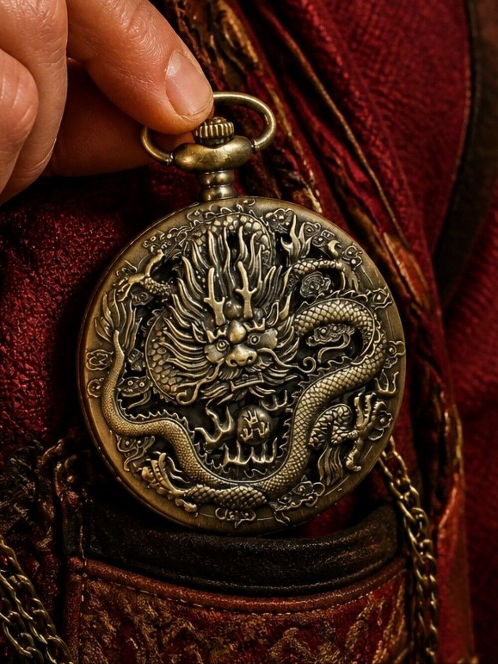 Lucky Chinese Dragon Pocket Watch Necklace Bronze Steampunk Fantasy D&D Gift